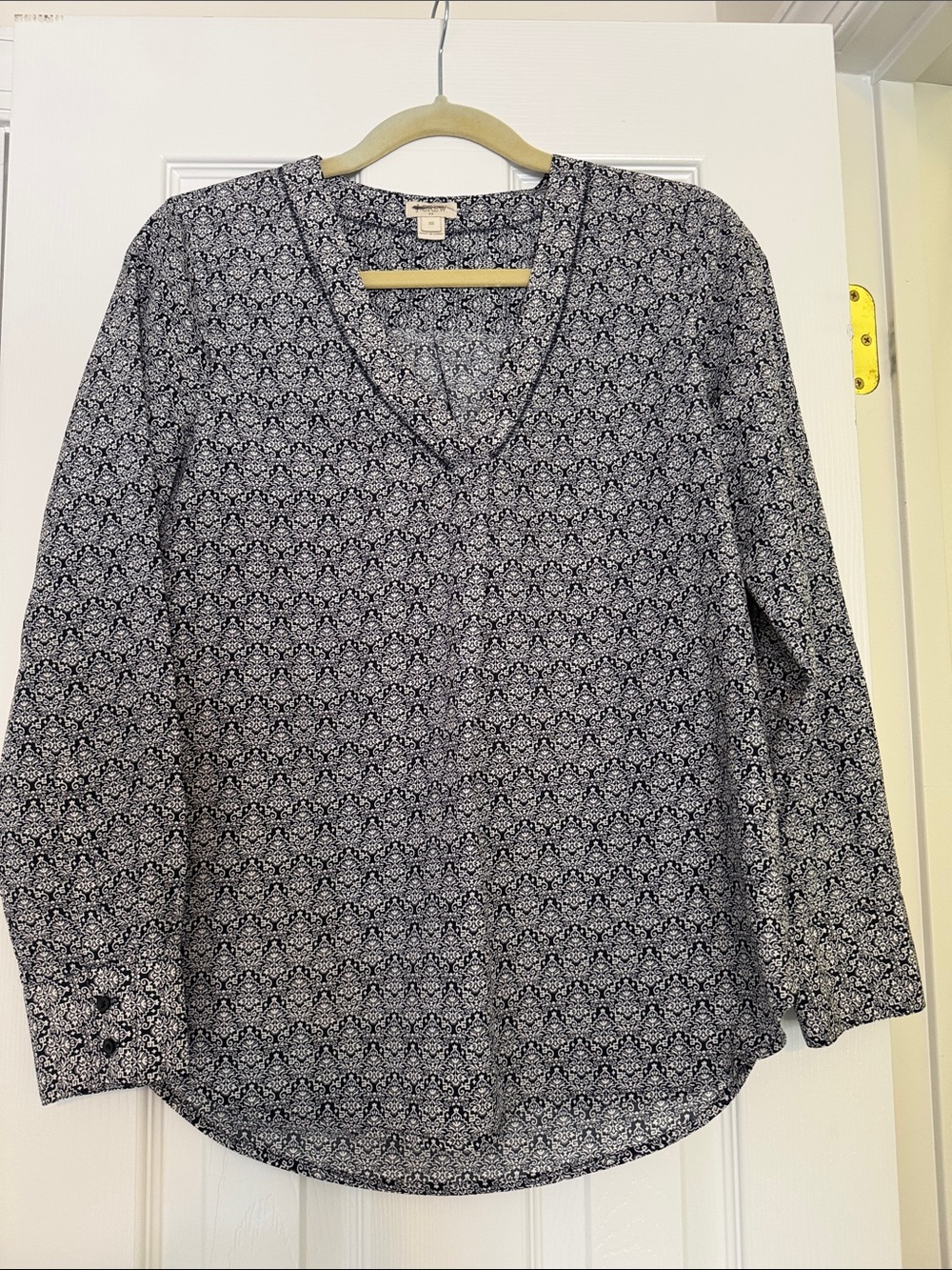J. Crew Factory Navy and White Patterned V-Neck Blouse